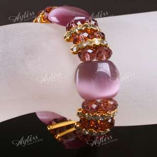1x Violet Purple Cats Eye Gemstone Elastic Bracelet Bangle & Crystal 