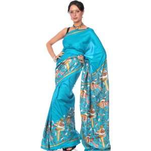 Robin Egg Turquoise Kantha Sari with Hand Embroidered Birds   Pure 