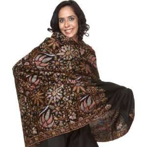 Black Pure Pashmina Shawl with Deft Multi Color Kashmiri Embroidery by 