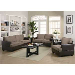  3pc Sofa Set with Taupe Microfiber in Dark Brown Leatherette 