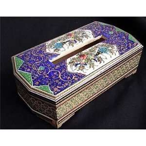 Persian Tissue Box Khatam Inlay and Hand Painted Top with Bird Peacock 
