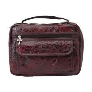  Embossed Burgundy Genuine Leather Bible Cover Zippered Main Pocket