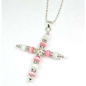    925 Silver Pink Bead Cross Pendant on 18 Chain by TOC Jewelry