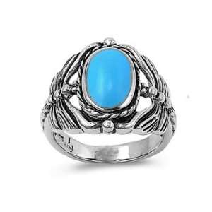   Silver 18mm Oval Dragonfly Turquoise Stone Ring (Size 6   10)   Size 7