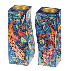  Floral Peacock Fitted Shabbat Candlestick Holders, Hand 