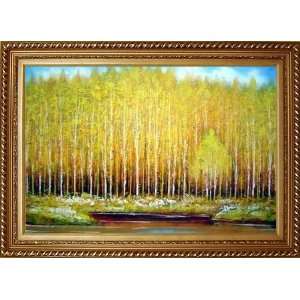  Lakeside Aspen Yellow Forest in Sunshine Autumn Oil Painting 