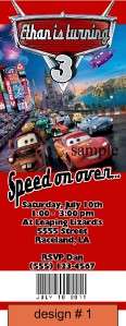 PERSONALIZED CARS 2 TICKET INVITATIONS OR THANK YOUS  