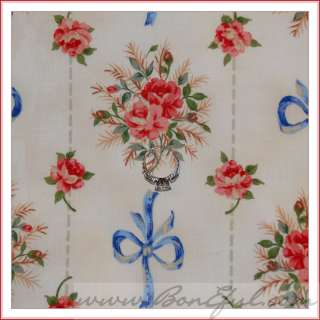 BOOAK Fabric Benartex Bow Blue Pink Rose Leaf Green Stripe Flower VTG 