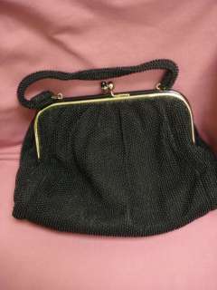 Vtg Handbag Black Corde Bead 3 Section Frame Bakelite Classic Style 