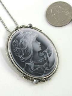 Antique VTG Style Gray Oval Cameo Lady Necklace Pendant  