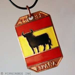 SPAIN FLAG ESPANA OSBORNE BULL SOLID COPPER METAL DOG TAG PENDANT 