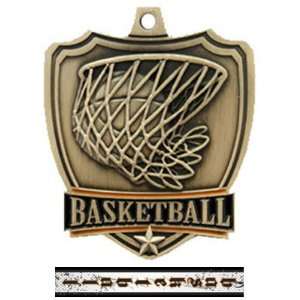 Custom Basketball Shield Medal W/Neck Ribbon GOLD MEDAL/INTENSE RIBBON 