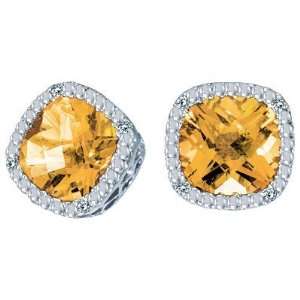  Cushion Cut Citrine and Diamond Earrings in 14k White Gold 