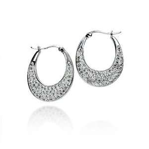  Sterling Silver Crescentmoon Hoop White Crystals Earring 