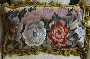 100% WOOL Vtg Handwoven French Aubusson Pillow Cushion 12x22 Cotton 