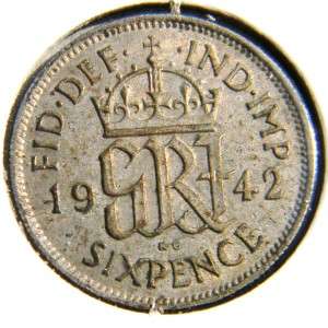 GREAT BRITAIN/United Kingdom, George VI WW II era 1942 silver 6 Pence 