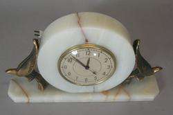 Art Deco White Onyx Clock w/ Cubist Birds Whitehall Hammond c. 1930s 