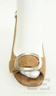 Prada Tan Leather Open Toe Silver Buckle Slingback Heels Size 37.5 
