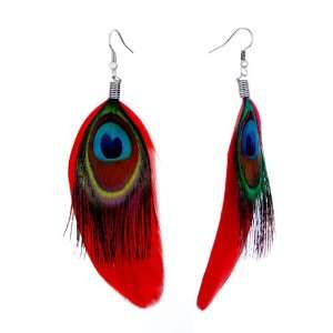   Mom Earrings Peacocks Tail Red Feather Earrings Pugster Jewelry