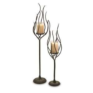  Set of 2 Metal Flame Sculpted Glass Pillar Candle Holders 