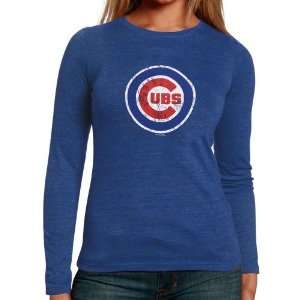 Chicago Cubs Royal Ladies Blue Distressed Logo Triblend Long Sleeve T 
