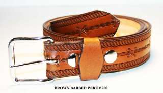 AMISH HANDMADE EMBOSSED BARB WIRE BELTS IN BLACK OR BROWN 