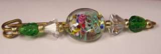 Vintage Venetian Art Glass Bead Brass Bar Diaper Pin Green Glass 