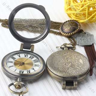   Magnifying Glass Quartz Pocket Watch Necklace Vintage Classical  