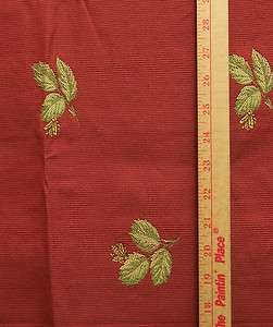Woven Red Fabric Embroidered Bees on Leaves Gold & Green Ribbed 