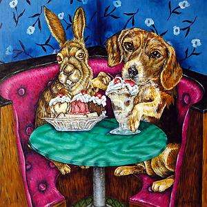 Bunny & Beagle at the ice cream picture parlor art tile coaster gift 