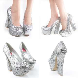 SILVER SEQUIN ROUND TOE CHUNKY THICK SKY HIGH HEEL PLATFORM STILETTO 