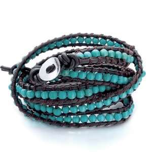   Blue Turquoise Beads Wrap Bracelet On Black Leather Rope Chip Stone