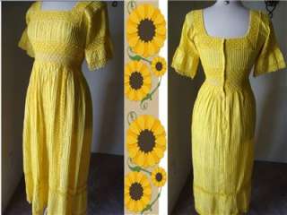   Wedding Dress Yellow Maxi Pin Tuck Crochet Lace Bell Sleeves Boho SM
