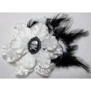  NEW Black and White Skull Flower with Feathers Hair Clip 