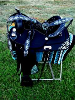 16 WESTERN HORSE CORDURA TRAIL BARREL PLEASURE SADDLE BLUE ZEBRA ALL 