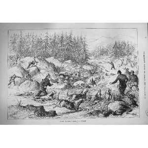 1884 Otter Hunting River Hounds Dogs Trees Mountains 