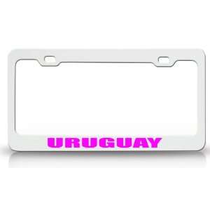 URUGUAY Country Steel Auto License Plate Frame Tag Holder White/Pink