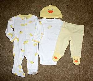 NWT CARTERS Boys Infant Newborn Ducks Ducky 4 pc Set Lot Sleeper Hat 