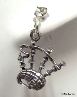 Antique Silver Pewter Scottish Bagpipes Crystal Earring  