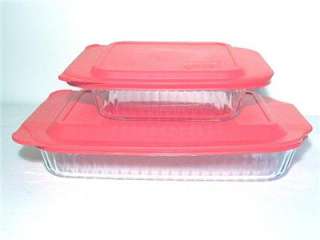 4pc PYREX SCULPTURED GLASS BAKING DISH SET w/RED COVERS  