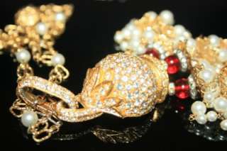 Vintage Elaborate Sig Cadoro Pave RS Accents, Red Glass, Pearls 