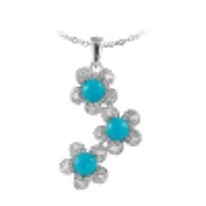   SP838 Sterling Silver with Topaz CZ Genuine Turquoise Flowers Necklace