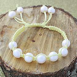 Yellow Macrame Cord Hand knotted White FW Pearl Bracelet (12 mm) (USA 
