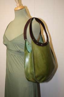 DEAN. LEATHER OLIVE GREEN CUT OUT HANDLE TEARDROP STYLE HOBO BAG 