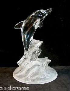   CLEAR & FROSTED CRYSTAL ART GLASS LEAPING DOLPHIN FIGURINE, FROM ITALY