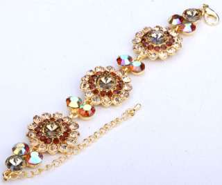 Gold brown swarovski crystal flower chain bracelet 10  