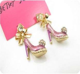 Betsey Johnson pink Shoe Crystal bowknot Stud Earrings  