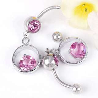 14G Pink Crystal Round Dangle* Ball Belly Navel Ring 1P  