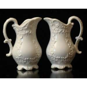 Victorian Style 4 1/2 White Ceramic Pitcher Salt & Pepper Shakers