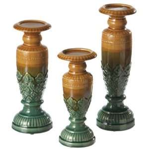  Set of 3 Carmel and Teal Glazed Decorative Floral Ceramic 